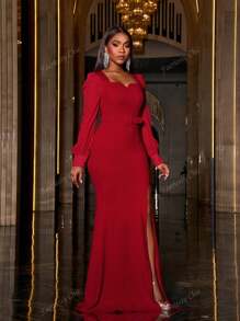 Faeriesty Square Collar Split Thigh Mermaid Hem Belted Formal Dress