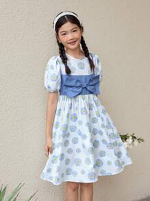 SHEIN 少女休闲春夏碎花编织两件套圆领短袖连衣裙 - 藍白色 - 查看 1