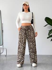 SHEIN EZwear Plus Size Leopard Print Loose Wide Leg Pants - Multicolor - View 3