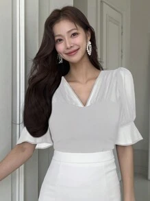 DAZY Women's Solid Color Patchwork V-Neck Lace Short Sleeve Ruffle Hem Shirt, Casual Daily Wear - White - View 5