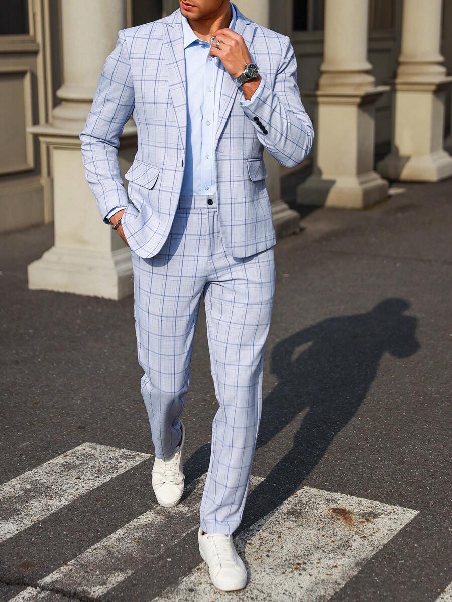 Manfinity Mode 男士格紋印花單鈕長袖西裝外套與兩個口袋長褲套裝 - 藍色 - 查看 1