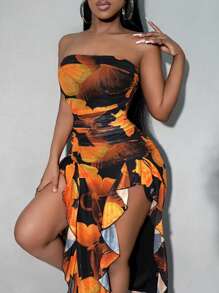 SHEIN SXY Vestido elegante de estilo bandeau con estampado de mariposas de verano, con volantes y abertura alta para un ajuste esbelto