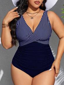 SHEIN Swim Curve Plus Size Summer Beach Color Block Striped Patchwork Ruched One Piece Swimsuit - Navy Blue - View 6