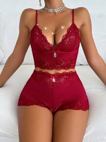 Pearl Chain Embellished Sexy Lace Cami And Shorts Pajama Set