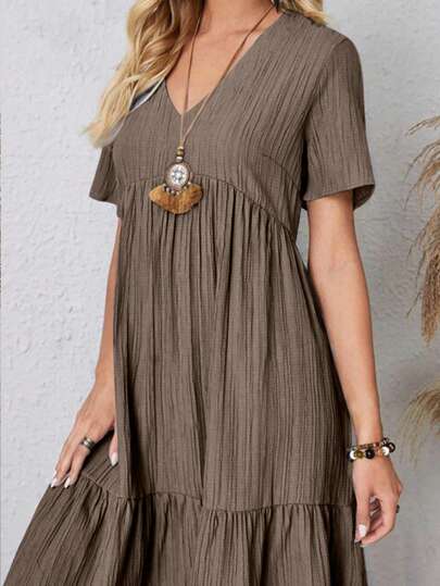 SHEIN Đầm tay ngắn cổ chữ V bèo nhún mùa hè màu trơn trang phục đi biển cho nữ