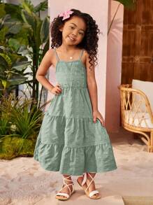 SHEIN Mommy And Me Matching Outfits (Each 2 Pieces Sold Separately) - Young Girl Woven Solid Color Bowknot Strap Dress, Suitable For Summer, Beach Vacation, Daily Wear, And Family Matching Outfits,Holiday,Summer,Travel