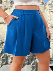 SHEIN LUNE Plus Size Summer Casual Solid Color Pleated Shorts With Side Button Embellishment - Blue - View 8