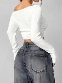 SHEIN Unity Women's Minimalist Casual Solid Color Asymmetrical Shoulder Long Sleeve Sweater,Long Sleeve Tops, Knit Pullover Fall Winter - White - View 2