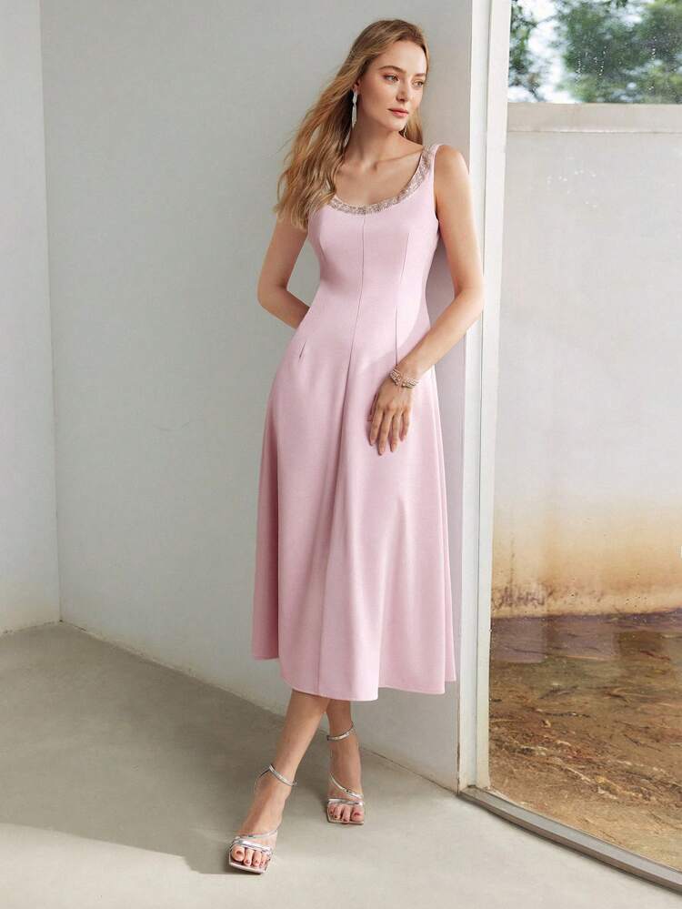 SCOOP NECK BEADED TRIM LOW BACK FLARE HEM MIDI DRESS, WOMEN OUTFIT