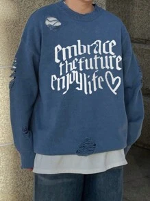 DAZY Pull à manches longues à la mode pour homme avec impression de lettres et détails vieillis pour l'automne - bleu indigo - Voir 7