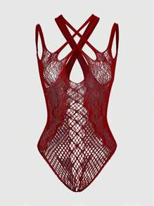 ROMWE Kawaii Super Stretchy Hollow Out Sexy Bodysuit - Burgundy - View 1