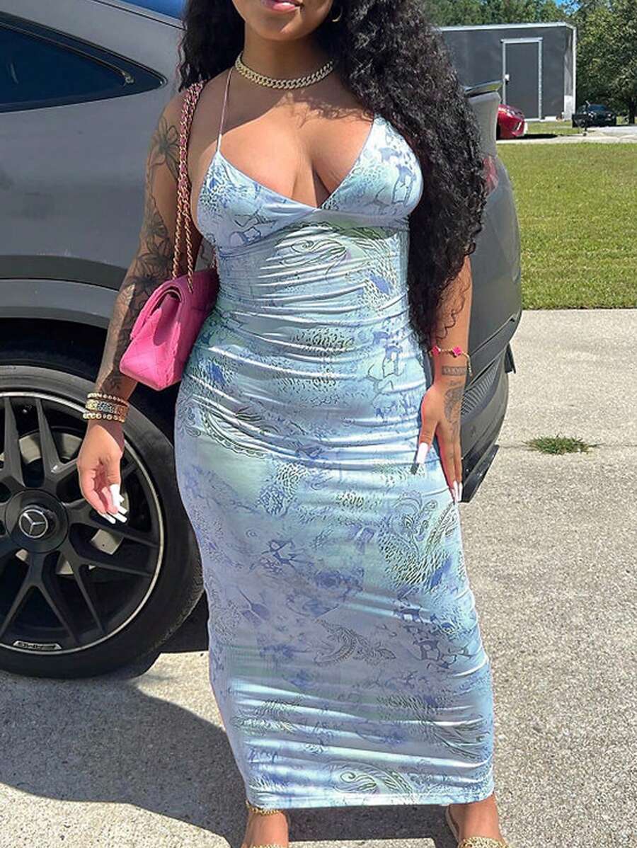 Slaydiva 优雅性感假日约会吊带扎染印花连衣裙 - H - 藍色 - 查看 1