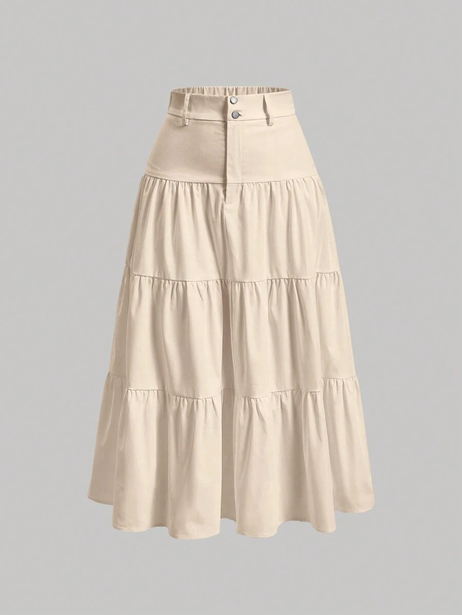 SHEIN MOD Women's Solid Color High-Waist Skirt With Ruffle Hem - Apricot - View 1