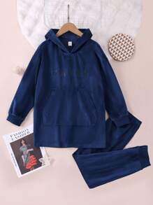 Boys' Teenage Simple Navy Blue English Letter Printed Long Sleeve Hooded Top And Pants Homewear Set - Navy Blue - View 1