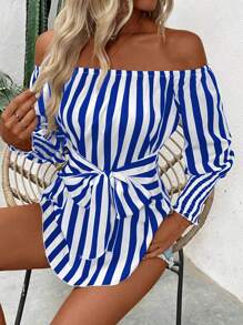 Chiquease Off-Shoulder Striped Top With Front Tie, Ruffle Hem And Lace Trim, For Casual Wear Fall Cloth For Women - Blue and White - View 7