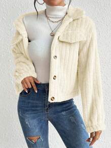 SHEIN LUNE Áo khoác ngắn đơn giản sang trọng màu trơn sang trọng có tay dài cho nữ mùa thu/đông - Màu be - Xem 4