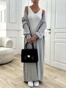 EURMUSE Cable Pattern Sweater Maxi Cardigan - Light Grey - View 8