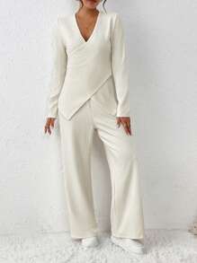 SHEIN LUNE 針織肋紋V領長袖上衣和寬腿褲套裝，交叉綁帶前胸設計 - 杏色 - 查看 3