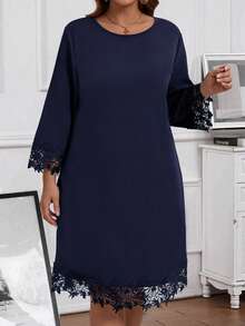 EMERY ROSE Vestido de otoño con encaje azul y empalme para mujer de talla grande - Azul - Ver 5