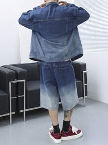 Manfinity Roghcode 男士春夏季加大碼休閒水彩染洗夾克和短褲牛仔套裝 - 深色水洗藍 - 查看 2