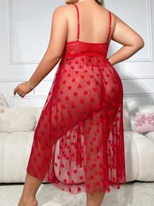 Pearl Chain Decorated Heart-Shaped Lace Plus Size Sexy Camisole Sleeping Dress - Burgundy - View 2