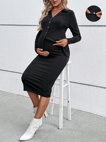 SHEIN 孕婦假期女士2入組黑色上衣/襯衫搭配可調節彈性腰裙，修身孕婦連身裙 - 黑色 - 查看 1