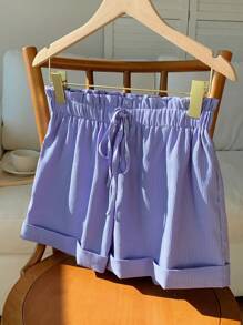 Comfortcana 女士纯色阔腿短裤，饰有荷叶边和腰部系带 - 淡紫色 - 查看 6