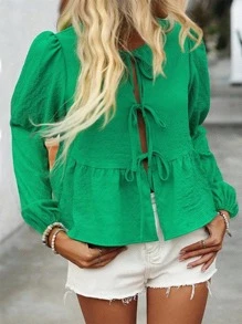 SHEIN LUNE 大码圆领蝴蝶结长袖衬衫秋季女装秋季女装职业上衣商务休闲女士工作衬衫商务衬衫 - 綠色 - 查看 1