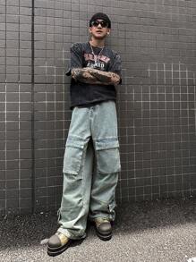 Manfinity EMRG Y2K復古街頭風格寬鬆男款牛仔褲，多口袋牛仔工作褲，重度磨損效果 - 水鴨藍 - 查看 6