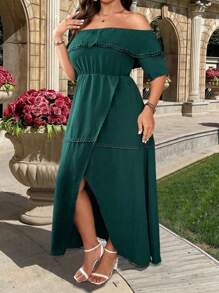 SHEIN LUNE Plus Size Đầm voan phối ren màu trơn dành cho nữ với đường viền cổ trễ vai - Màu xanh lá cây đậm - Xem 4