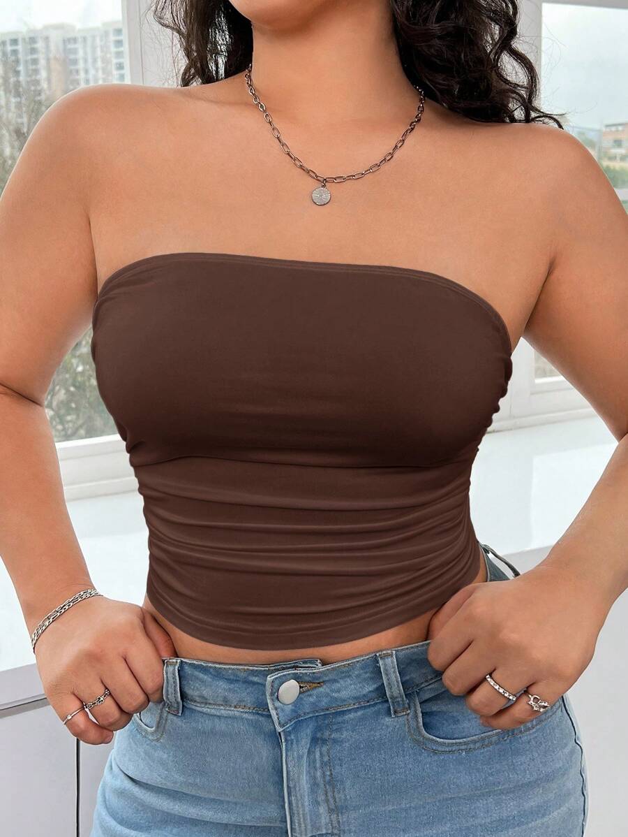 SHEIN EZwear 女士大尺碼純色百褶管頂無袖襯衫 - 咖啡棕 - 查看 1