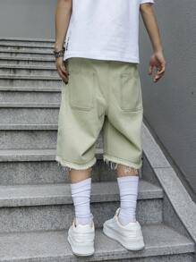 Manfinity Roghcode 男士时尚宽腿牛仔短裤，带磨边设计，外出纯色 Jorts 薄荷绿色超大牛仔短裤，适合丈夫、男朋友的礼物