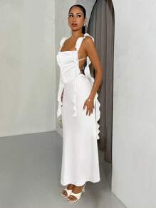 SHEIN BAE Sommerkleid für Frauen mit Spaghettiträgern, offenem Rücken und ausgestelltem Schnitt, geeignet für Urlaub, Abschlussball und Hochzeit - Weiss - Übersicht 5