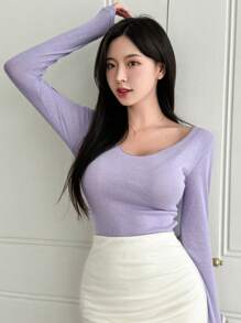 DAZY Women's Solid Color Slim Fit Long Sleeve T-Shirt With V-Neckline For Spring/Summer - Violet Purple - View 5