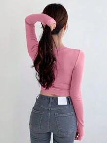 DAZY Women's Spring/Summer Solid Color Round Neck Long Sleeve Slim Fit T-Shirt - Pink - View 2