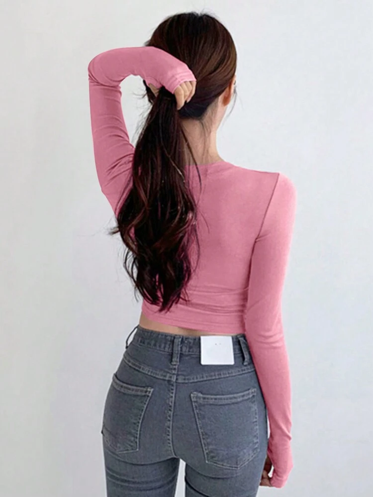 Women's Spring/Summer Solid Color Round Neck Long Sleeve Slim Fit T-Shirt