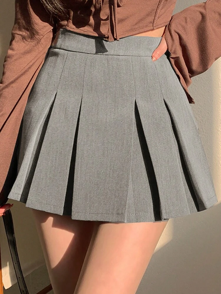 Women's Summer Casual Solid Color Pleated Grey Skirt