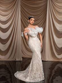 Glamrae 优雅大气白色定位绣花亮片拼接网纱夸张立体层叠荷叶边露肩及地鱼尾超长拖尾大摆约会休闲婚纱送礼派对毕业典礼适合任何场合礼服重型晚宴礼服 - 白色 - 查看 7