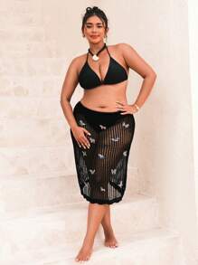 SHEIN Swim Curve 大码女式蝴蝶装饰简约日常罩衫夏季 - 黑色 - 查看 1