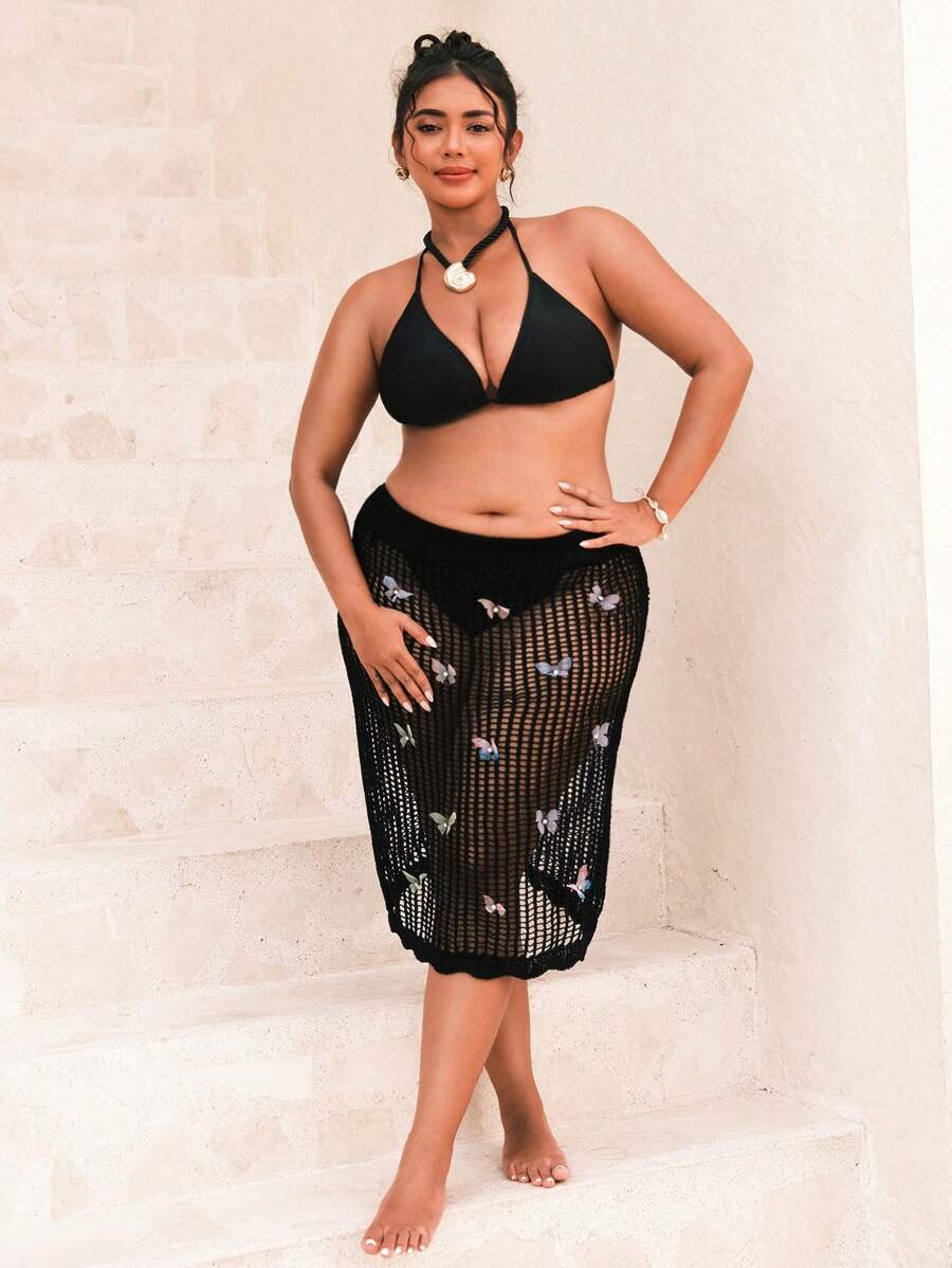 SHEIN Swim Curve 大码女式蝴蝶装饰简约日常罩衫夏季 - 黑色 - 查看 1