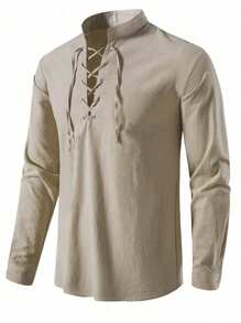 Men Lace Up Front Long Sleeve Shirt, Fall