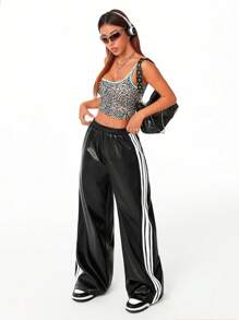 Coolane Women's  Streetwear Casual Leather Banded Texture Decoration Wide Leg Pants,Back To School Clothes,Black Leather Pants - Black - View 7