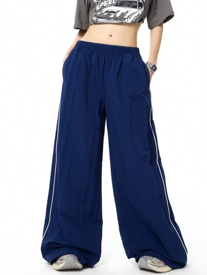 SHEIN EZwear Women's Fall Back To School Street-Style Wide Leg Color-Blocking Design Textured Fabric Low Waist Pants