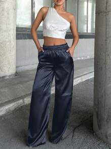 EURMUSE Satin High Waist Wide Leg Pant - Aquarius Blue - View 4
