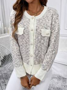 Chiquease Áo len cardigan màu tương phản có nút phía trước có túi và tay áo dài, áo len thường ngày - Nhiều màu - Xem 6