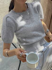 DAZY Solid Color Crew Neck Short Sleeve Knit Top,Fall Clothes - Grey - View 7