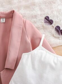SHEIN Baby Girl Fashionable Cute Simple Color Suit Jacket & Pleated Skirt Suspender Vest Set - Pink - View 6
