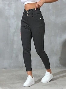 Pantalones largos, informales y de cintura alta para mujer, de unicolor y ajustados