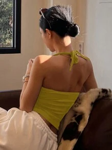 DAZY 女士純色綁頸背心 - 黃色 - 查看 2