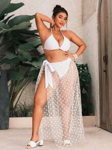 SHEIN Swim Curve 大码纯色性感网眼罩衫夏季 - 白色 - 查看 6